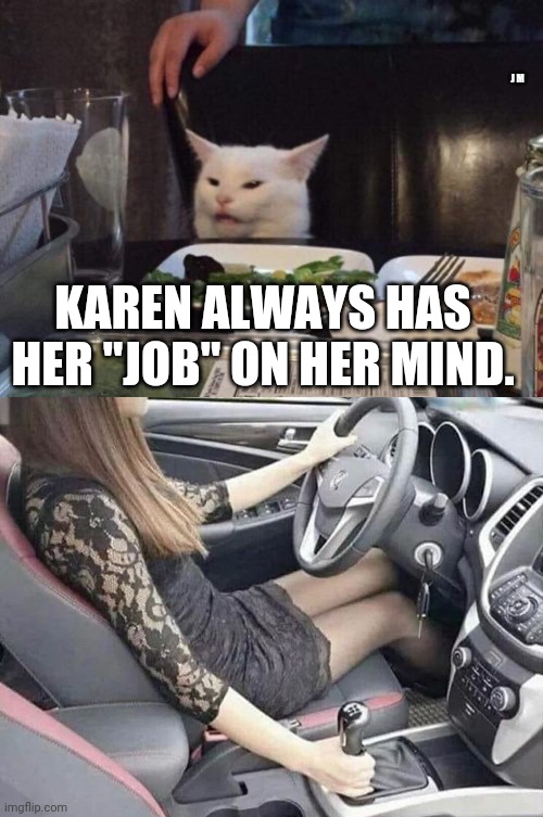 J M; KAREN ALWAYS HAS HER "JOB" ON HER MIND. | image tagged in salad cat | made w/ Imgflip meme maker