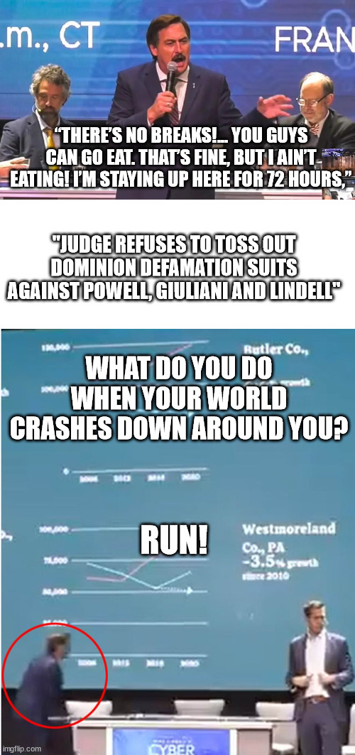 Pillow Man on the run! | “THERE’S NO BREAKS!... YOU GUYS CAN GO EAT. THAT’S FINE, BUT I AIN’T EATING! I’M STAYING UP HERE FOR 72 HOURS,”; "JUDGE REFUSES TO TOSS OUT DOMINION DEFAMATION SUITS AGAINST POWELL, GIULIANI AND LINDELL"; WHAT DO YOU DO WHEN YOUR WORLD CRASHES DOWN AROUND YOU? RUN! | image tagged in lindell the scammer,no hiding from the law | made w/ Imgflip meme maker