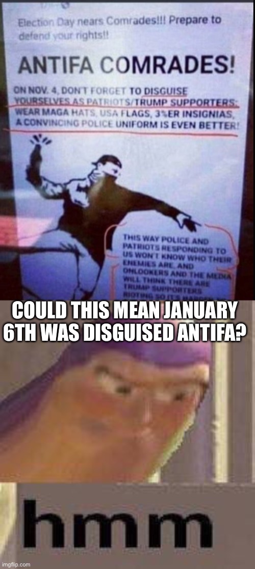 Think about it. | COULD THIS MEAN JANUARY 6TH WAS DISGUISED ANTIFA? | image tagged in buzz lightyear hmm,hmmm,coincidence i think not | made w/ Imgflip meme maker