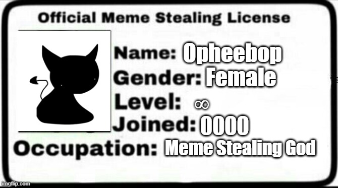 Meme Stealing License | Opheebop; Female; ∞; 0000; Meme Stealing God | image tagged in meme stealing license | made w/ Imgflip meme maker