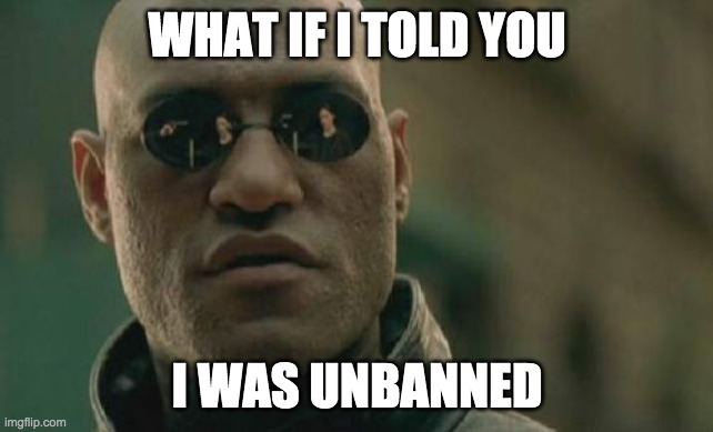 Matrix Morpheus | WHAT IF I TOLD YOU; I WAS UNBANNED | image tagged in memes,matrix morpheus | made w/ Imgflip meme maker