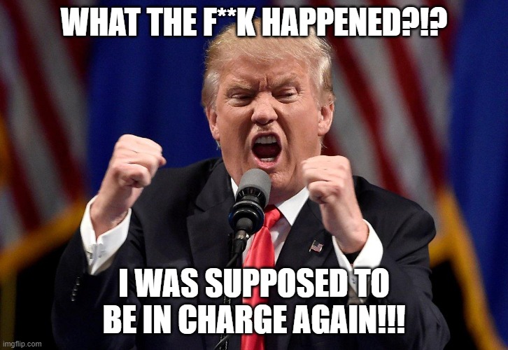 Angry Donald Trump  | WHAT THE F**K HAPPENED?!? I WAS SUPPOSED TO BE IN CHARGE AGAIN!!! | image tagged in angry donald trump | made w/ Imgflip meme maker