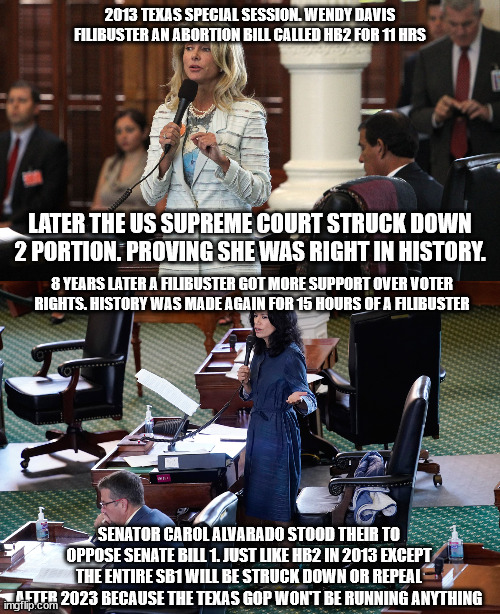 2 Texas Democratic Women Senators make history 8 years apart. Different issues | 2013 TEXAS SPECIAL SESSION. WENDY DAVIS FILIBUSTER AN ABORTION BILL CALLED HB2 FOR 11 HRS; LATER THE US SUPREME COURT STRUCK DOWN 2 PORTION. PROVING SHE WAS RIGHT IN HISTORY. 8 YEARS LATER A FILIBUSTER GOT MORE SUPPORT OVER VOTER RIGHTS. HISTORY WAS MADE AGAIN FOR 15 HOURS OF A FILIBUSTER; SENATOR CAROL ALVARADO STOOD THEIR TO OPPOSE SENATE BILL 1. JUST LIKE HB2 IN 2013 EXCEPT THE ENTIRE SB1 WILL BE STRUCK DOWN OR REPEAL AFTER 2023 BECAUSE THE TEXAS GOP WON'T BE RUNNING ANYTHING | image tagged in abortion,voters,election 2022,wendy davis,democrats,greg abbott | made w/ Imgflip meme maker