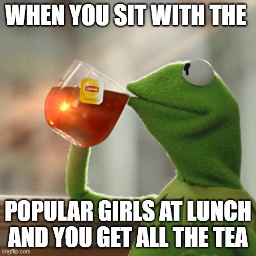 But That's None Of My Business | WHEN YOU SIT WITH THE; POPULAR GIRLS AT LUNCH AND YOU GET ALL THE TEA | image tagged in memes,but that's none of my business,kermit the frog | made w/ Imgflip meme maker