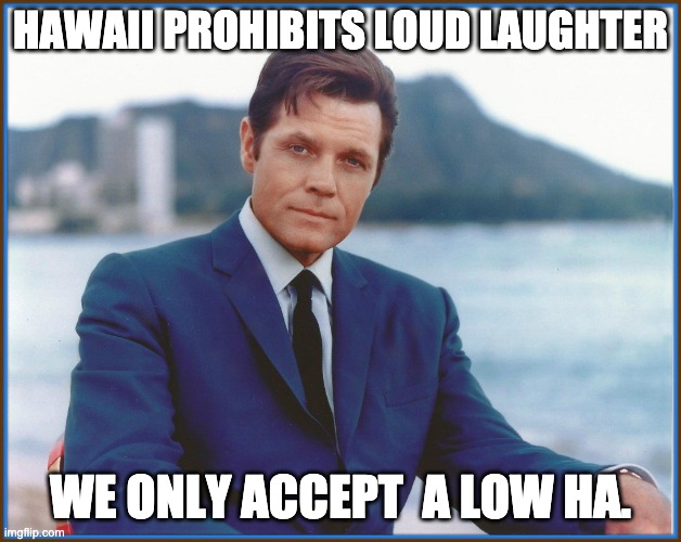Hawaii Humor | HAWAII PROHIBITS LOUD LAUGHTER; WE ONLY ACCEPT  A LOW HA. | image tagged in jack lord,hawaii,laughter,humor,dad joke | made w/ Imgflip meme maker