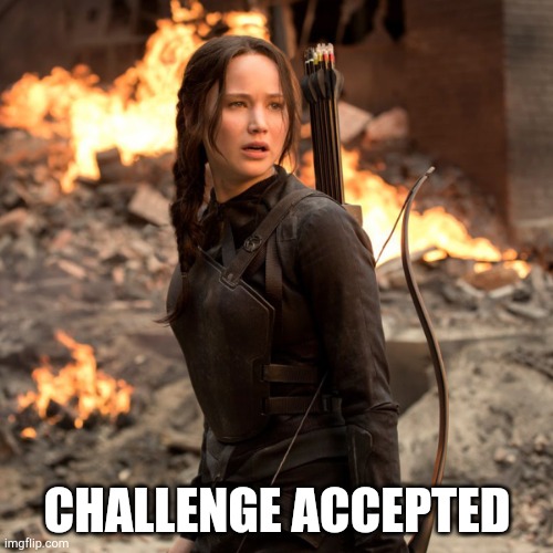 Katniss Mockingjay | CHALLENGE ACCEPTED | image tagged in katniss mockingjay | made w/ Imgflip meme maker