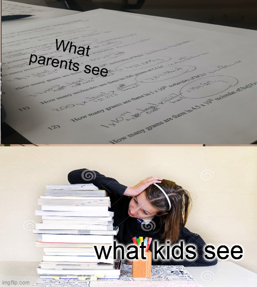 What parents see vs what kids see |  What parents see; what kids see | image tagged in homework | made w/ Imgflip meme maker