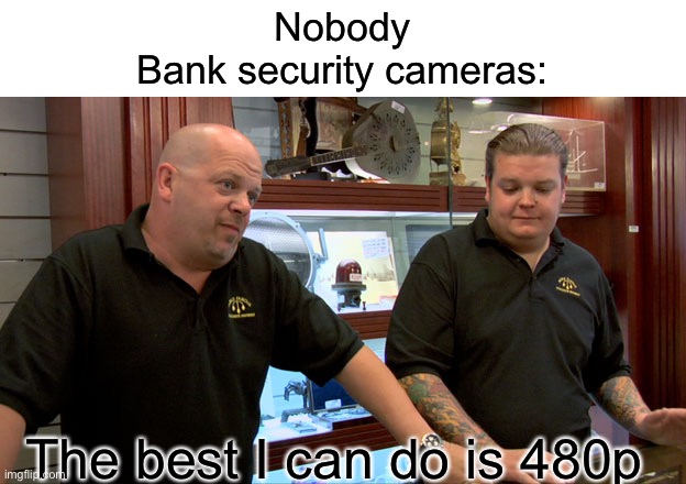 Pawn Stars Best I Can Do | Nobody
Bank security cameras:; The best I can do is 480p | image tagged in pawn stars best i can do,banks,security,relatable | made w/ Imgflip meme maker