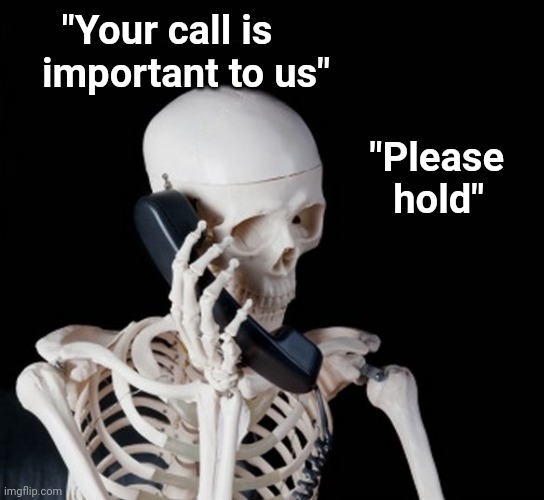 A few months later |  "Your call is
   important to us"; "Please  
hold" | image tagged in skeleton on phone,suicide hotline,waiting skeleton,hold on this whole operation was your idea | made w/ Imgflip meme maker