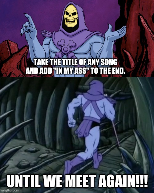Skeletor song | TAKE THE TITLE OF ANY SONG AND ADD "IN MY ASS" TO THE END. UNTIL WE MEET AGAIN!!! | image tagged in skeletor advice,until we meet again | made w/ Imgflip meme maker