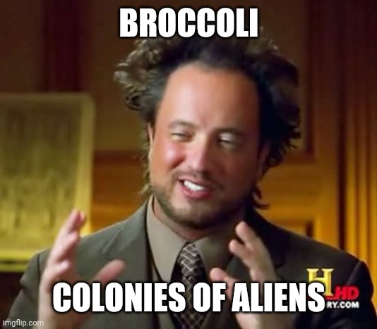 Beware Broccoli! | BROCCOLI; COLONIES OF ALIENS | image tagged in memes,ancient aliens,broccoli | made w/ Imgflip meme maker
