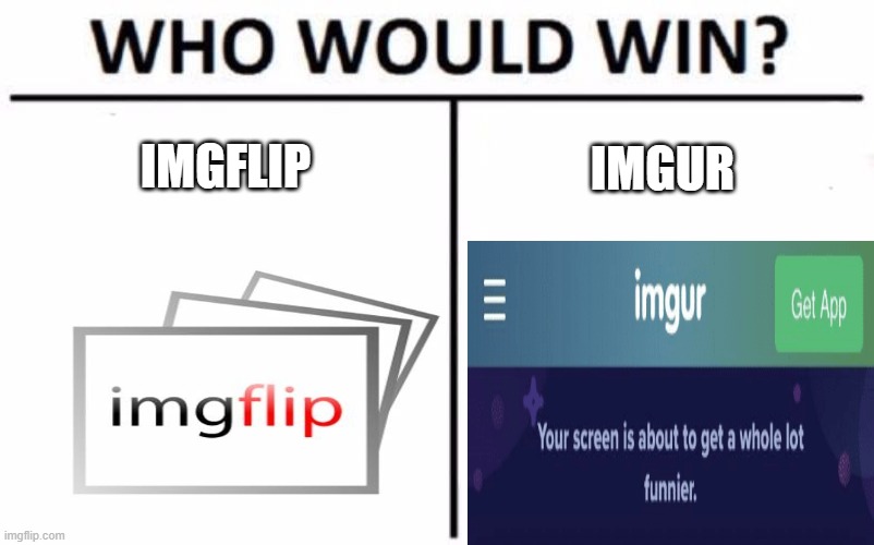 Imgur is more popular, but imgflip is more underrated. | IMGFLIP; IMGUR | image tagged in memes,who would win | made w/ Imgflip meme maker