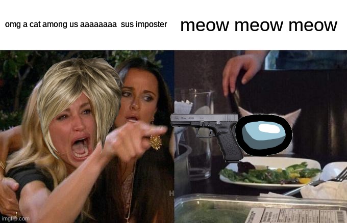 sus | omg a cat among us aaaaaaaa  sus imposter; meow meow meow | image tagged in memes,woman yelling at cat,cats | made w/ Imgflip meme maker