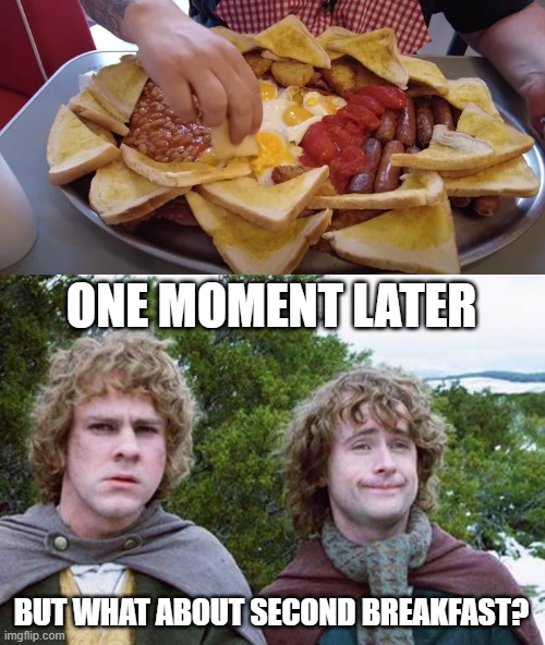 Aren't you guys full by now? | ONE MOMENT LATER; BUT WHAT ABOUT SECOND BREAKFAST? | image tagged in second breakfast | made w/ Imgflip meme maker