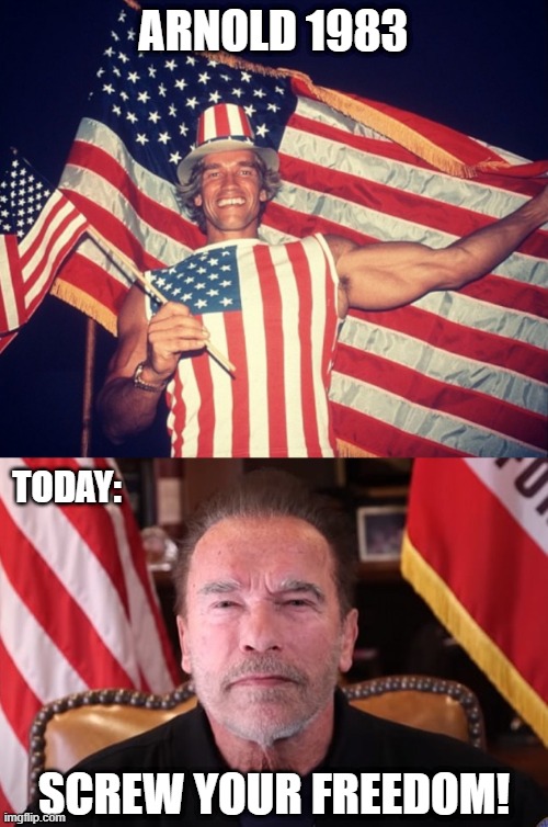 Screw you, Arnold! | ARNOLD 1983; TODAY:; SCREW YOUR FREEDOM! | image tagged in arnold,california,nazis,biden,covid,masks | made w/ Imgflip meme maker