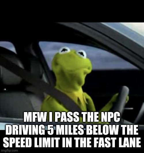 It's called the FAST lane for a reason | MFW I PASS THE NPC DRIVING 5 MILES BELOW THE SPEED LIMIT IN THE FAST LANE | image tagged in kermit driving | made w/ Imgflip meme maker