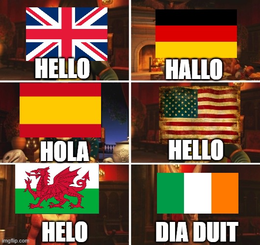 This is how we say Hello | HELLO; HALLO; HELLO; HOLA; DIA DUIT; HELO | image tagged in shrek fiona harold donkey | made w/ Imgflip meme maker