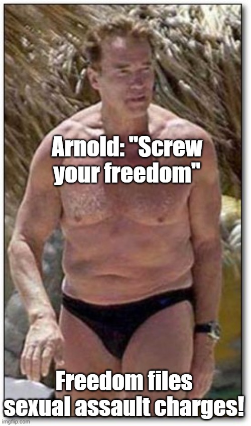 "Screw your freedom!" Freedom files charges! | Arnold: "Screw your freedom"; Freedom files sexual assault charges! | image tagged in arnold schwarzenegger - screw your freedom | made w/ Imgflip meme maker