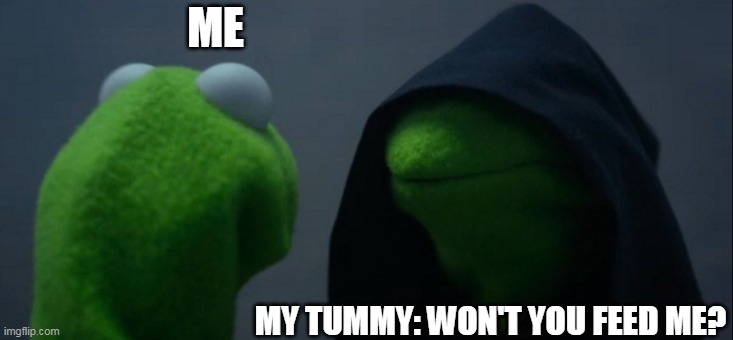 Evil Kermit | ME; MY TUMMY: WON'T YOU FEED ME? | image tagged in memes,evil kermit | made w/ Imgflip meme maker
