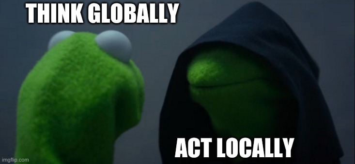 think globally | THINK GLOBALLY; ACT LOCALLY | image tagged in memes,evil kermit | made w/ Imgflip meme maker
