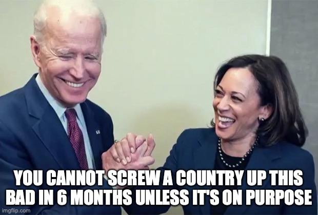 YOU CANNOT SCREW A COUNTRY UP THIS BAD IN 6 MONTHS UNLESS IT'S ON PURPOSE | image tagged in joe biden,kamala harris,political meme | made w/ Imgflip meme maker