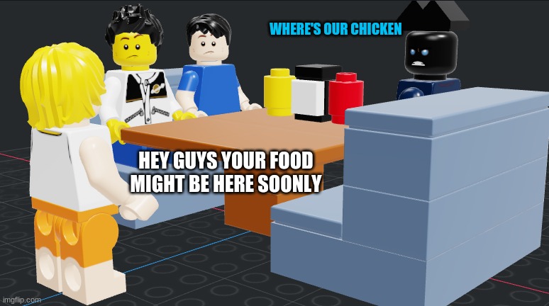 Winston and Marucho and Bloo at femboy hooters | WHERE'S OUR CHICKEN; HEY GUYS YOUR FOOD MIGHT BE HERE SOONLY | made w/ Imgflip meme maker