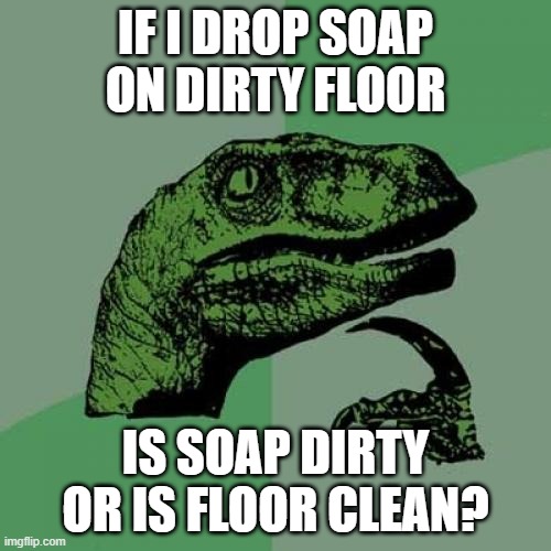 questions? | IF I DROP SOAP ON DIRTY FLOOR; IS SOAP DIRTY OR IS FLOOR CLEAN? | image tagged in memes,philosoraptor | made w/ Imgflip meme maker