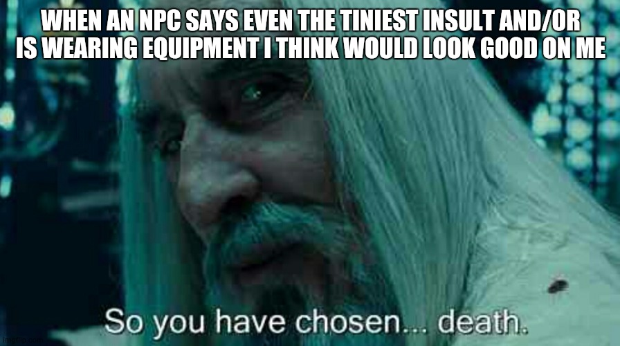 So you have chosen death | WHEN AN NPC SAYS EVEN THE TINIEST INSULT AND/OR IS WEARING EQUIPMENT I THINK WOULD LOOK GOOD ON ME | image tagged in so you have chosen death | made w/ Imgflip meme maker