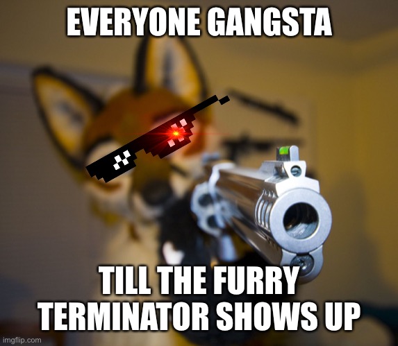 Furry T-800 | EVERYONE GANGSTA; TILL THE FURRY TERMINATOR SHOWS UP | image tagged in furry with gun | made w/ Imgflip meme maker