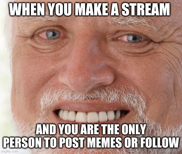 I have made two and i am the only follower | WHEN YOU MAKE A STREAM; AND YOU ARE THE ONLY PERSON TO POST MEMES OR FOLLOW | image tagged in hide the pain harold,sad,pain,meme,streams,lonely | made w/ Imgflip meme maker