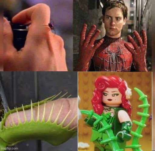 How Poison Ivy got her powers | image tagged in spiderman peter parker,poison ivy,bite | made w/ Imgflip meme maker