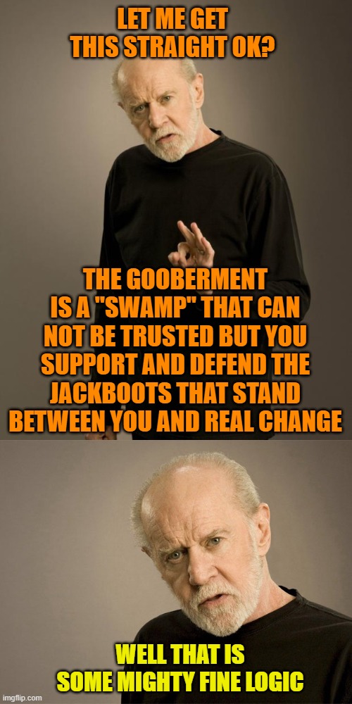 LET ME GET THIS STRAIGHT OK? THE GOOBERMENT IS A "SWAMP" THAT CAN NOT BE TRUSTED BUT YOU SUPPORT AND DEFEND THE JACKBOOTS THAT STAND BETWEEN | image tagged in george carlin | made w/ Imgflip meme maker