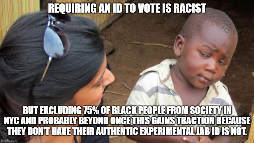 Sceptical kid | REQUIRING AN ID TO VOTE IS RACIST; BUT EXCLUDING 75% OF BLACK PEOPLE FROM SOCIETY IN NYC AND PROBABLY BEYOND ONCE THIS GAINS TRACTION BECAUSE THEY DON'T HAVE THEIR AUTHENTIC EXPERIMENTAL JAB ID IS NOT. | image tagged in sceptical kid | made w/ Imgflip meme maker