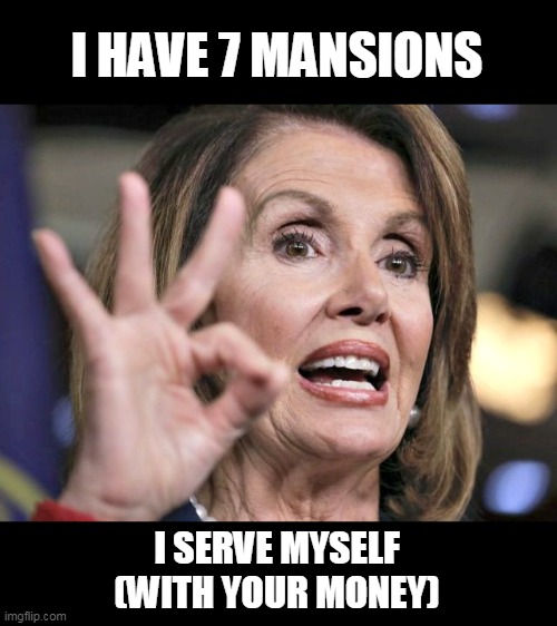 pelosi ok | I HAVE 7 MANSIONS I SERVE MYSELF
(WITH YOUR MONEY) | image tagged in pelosi ok | made w/ Imgflip meme maker