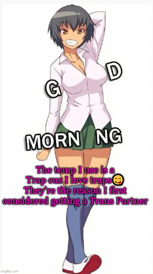 Trap good morning | The temp I use is a Trap cuz I love traps😋 They're the reason I first considered getting a Trans Partner | image tagged in trap good morning | made w/ Imgflip meme maker
