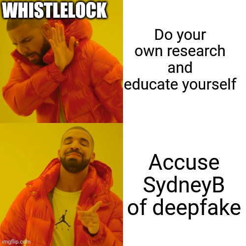 Drake Hotline Bling Meme | Do your own research and educate yourself Accuse SydneyB of deepfake WHISTLELOCK | image tagged in memes,drake hotline bling | made w/ Imgflip meme maker