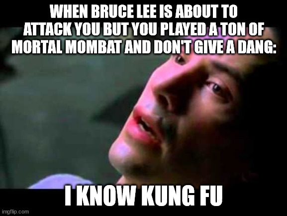 I will kick booty like Kabal >:o | WHEN BRUCE LEE IS ABOUT TO ATTACK YOU BUT YOU PLAYED A TON OF MORTAL MOMBAT AND DON'T GIVE A DANG:; I KNOW KUNG FU | image tagged in neo kung fu,memes,matrix,bruce lee,mortal kombat,knowledge | made w/ Imgflip meme maker