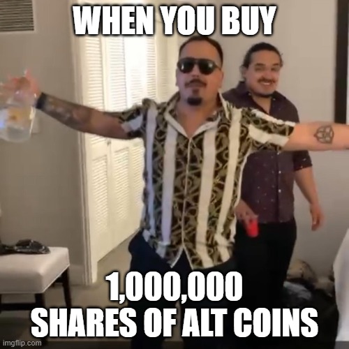 Crypto Guy | WHEN YOU BUY; 1,000,000 SHARES OF ALT COINS | image tagged in dogecoin guy | made w/ Imgflip meme maker