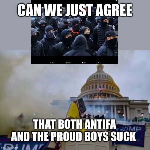 Insurrection | CAN WE JUST AGREE; THAT BOTH ANTIFA AND THE PROUD BOYS SUCK | image tagged in insurrection | made w/ Imgflip meme maker