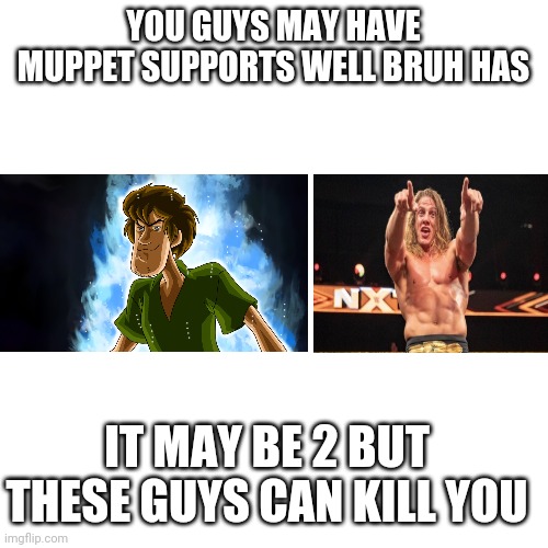 Vote BRUH are else Matt Ridle and shaggy will come after you | YOU GUYS MAY HAVE MUPPET SUPPORTS WELL BRUH HAS; IT MAY BE 2 BUT THESE GUYS CAN KILL YOU | image tagged in memes,blank transparent square | made w/ Imgflip meme maker