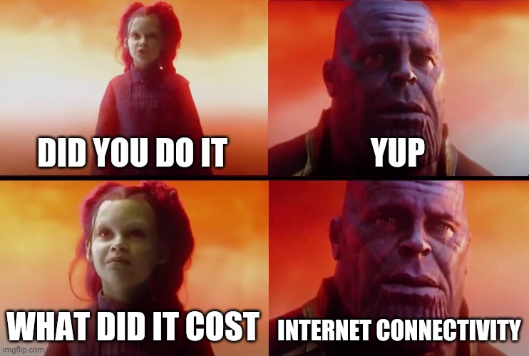thanos what did it cost | DID YOU DO IT YUP WHAT DID IT COST INTERNET CONNECTIVITY | image tagged in thanos what did it cost | made w/ Imgflip meme maker