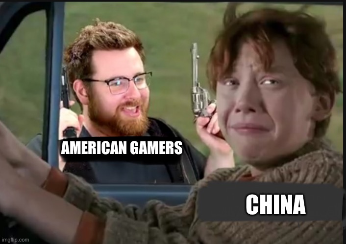 Tomska scaring Ron | AMERICAN GAMERS CHINA | image tagged in tomska scaring ron | made w/ Imgflip meme maker
