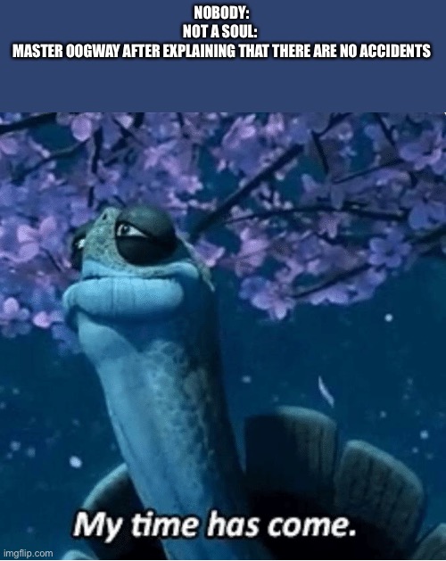 My Time Has Come | NOBODY:
NOT A SOUL: 
MASTER OOGWAY AFTER EXPLAINING THAT THERE ARE NO ACCIDENTS | image tagged in my time has come | made w/ Imgflip meme maker