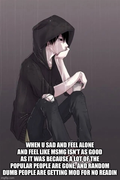 What has this stream become??…. | WHEN U SAD AND FEEL ALONE AND FEEL LIKE MSMG ISN’T AS GOOD AS IT WAS BECAUSE A LOT OF THE POPULAR PEOPLE ARE GONE, AND RANDOM DUMB PEOPLE ARE GETTING MOD FOR NO REASON | made w/ Imgflip meme maker