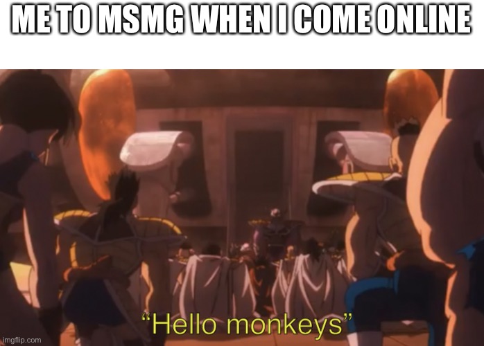 Hello monkeys | ME TO MSMG WHEN I COME ONLINE | image tagged in hello monkeys | made w/ Imgflip meme maker