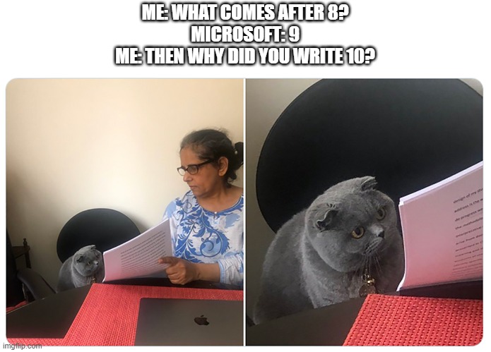 someone explain? | ME: WHAT COMES AFTER 8?
MICROSOFT: 9
ME: THEN WHY DID YOU WRITE 10? | image tagged in gato leyendo - cat reading | made w/ Imgflip meme maker