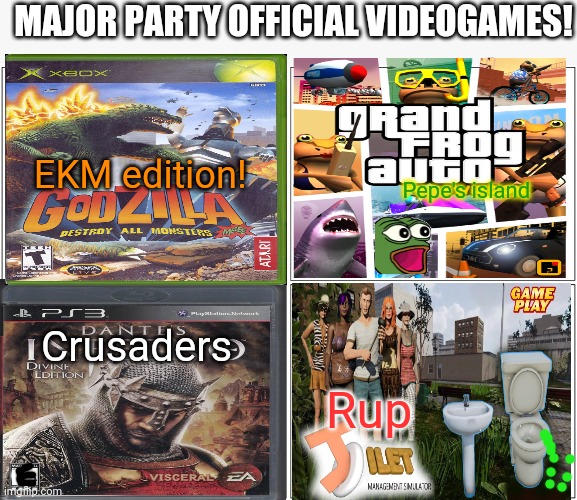 Best new videogames | MAJOR PARTY OFFICIAL VIDEOGAMES! EKM edition! Pepe's island; Crusaders; Rup | image tagged in memes,blank comic panel 2x2,vote,pepe the frog,grand theft auto,video games | made w/ Imgflip meme maker