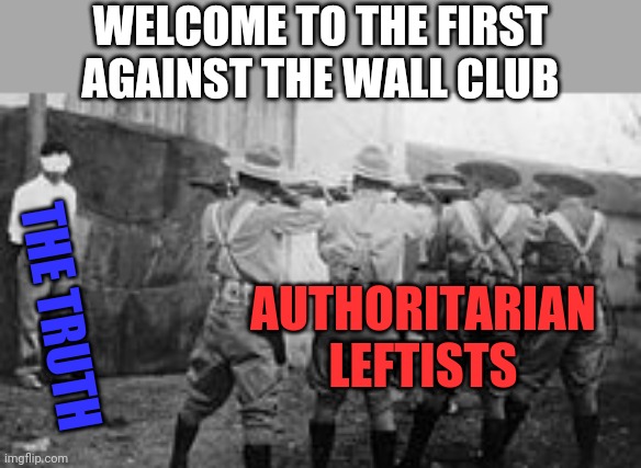 Who want to join my new club? | WELCOME TO THE FIRST AGAINST THE WALL CLUB; THE TRUTH; AUTHORITARIAN LEFTISTS | image tagged in firing squad | made w/ Imgflip meme maker