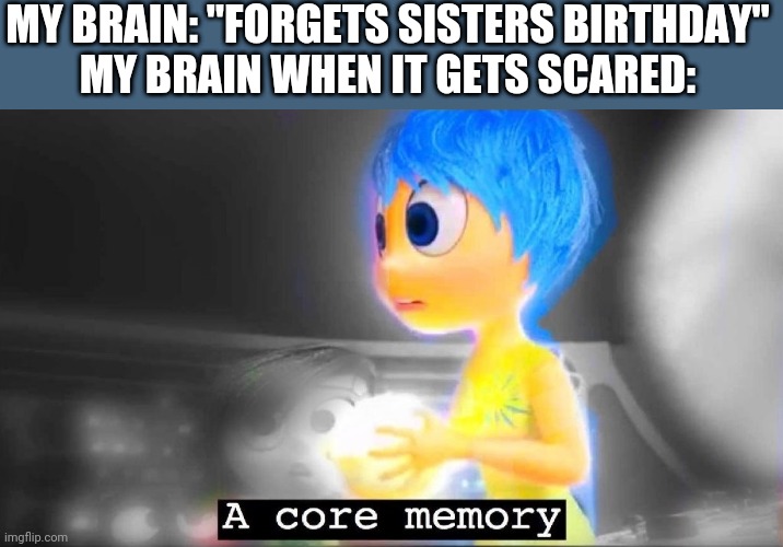 A core memory | MY BRAIN: "FORGETS SISTERS BIRTHDAY"
MY BRAIN WHEN IT GETS SCARED: | image tagged in a core memory | made w/ Imgflip meme maker