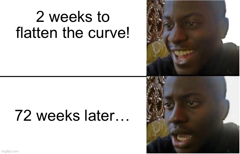 Disappointed Black Guy | 2 weeks to flatten the curve! 72 weeks later… | image tagged in disappointed black guy | made w/ Imgflip meme maker